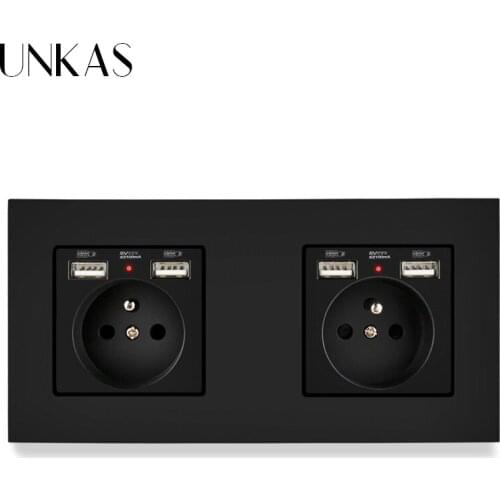 UNKAS Black PC Plastic Panel Wall Socket with 4 USB Outlet French Standard Electrical Wall Charger Adapter 172*86mm