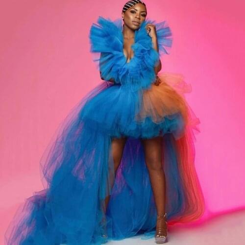 High Fashion Colorful Blue High Low Tulle Prom Gowns Ruffles Tulle Long Women Formal Event Party Dresses