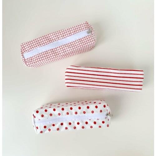 Red And White Line Grid Wave Point Pencil Bag Simple Style High-capacity Stationery Storage Bag School Supplies Mini Wallet