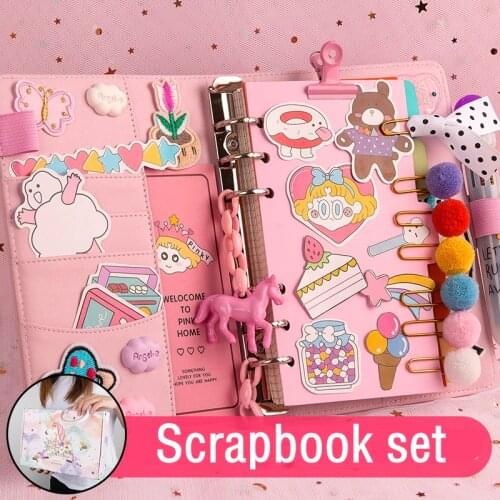 Girls PU Cover Scrapbooking Square Paper Binder Journal Cute Pink Notebook Set-Best Gift For Girls Women
