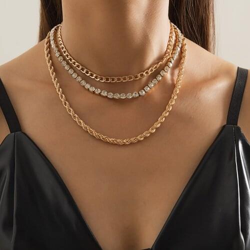 Fashion Bling Rhinestone Punk Style Twisted Gold Chains Choker Necklace for Women Man Crystal Statement Jewelry Wholesale Gifts