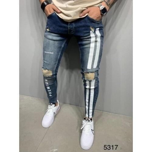 Plus Size Mens Pencil Jeans Letter Striped High Waist Skinny Ripped Denim Pants Spring Autumn Male Casual Tight Trousers