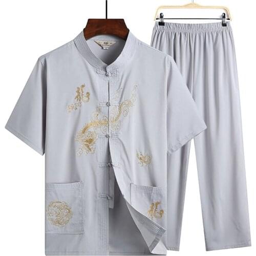 Mens Chinese Traditional Characteristics Hanfu Embroidery Tang Suit Middle-Aged and Elderly Casual Loose Thin Short Long Sleeve
