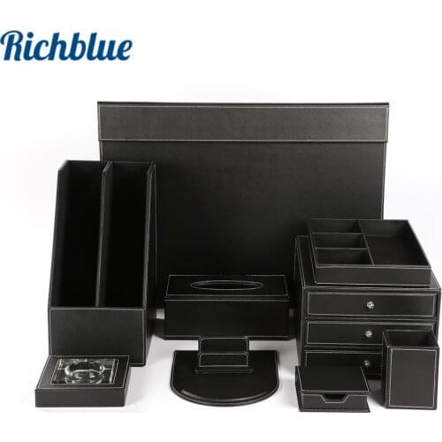 Quality Office Desk 10-Piece Set Pen Pencil Holder Business Card Stand Storage Organizer Box Tissue Dispenser T07 Black/Brown