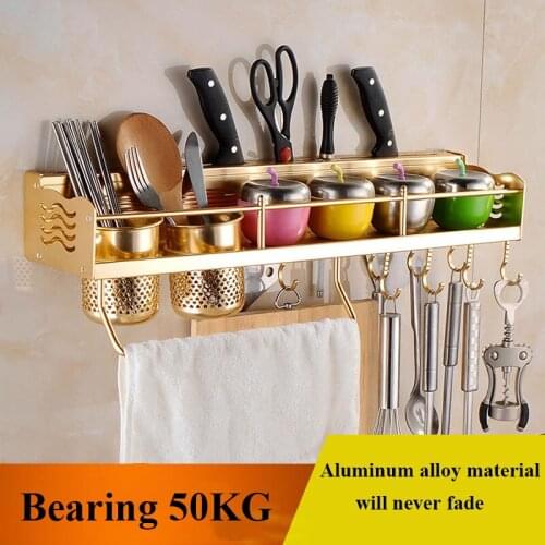 New Portable Aluminium Kitchen Shelf Rack 2 Hollow Cup 8 Hook Cooking Utensil Tools Hook Rack Kitchen Holder Storage Rack 60CM