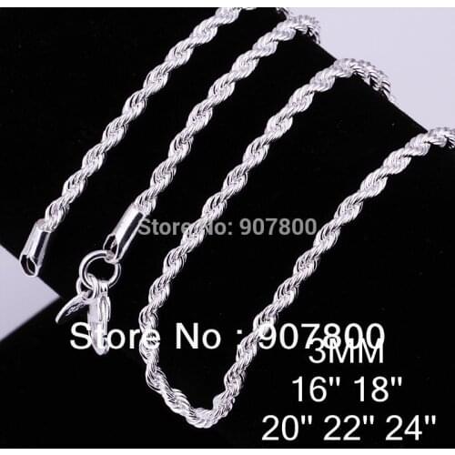 C014 3MM Silver color twisted rope chain necklace 16-24inches fashion jewelry Top quality factory price