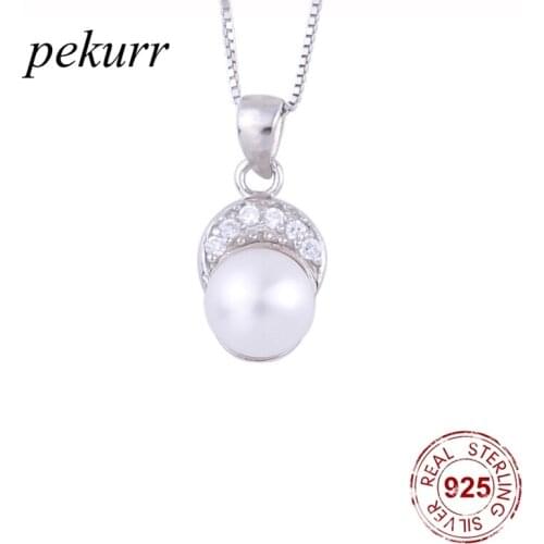 Pekurr 925 Sterling Silver Crystal Moon Natural Freshwater Pearl Necklaces For Women Mini Pendants Wedding Fashion Jewelry