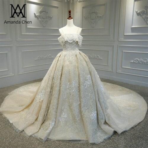 Abito da sposa Spaghetti Straps Lace Appliqued Luxury Long Train Wedding Dress