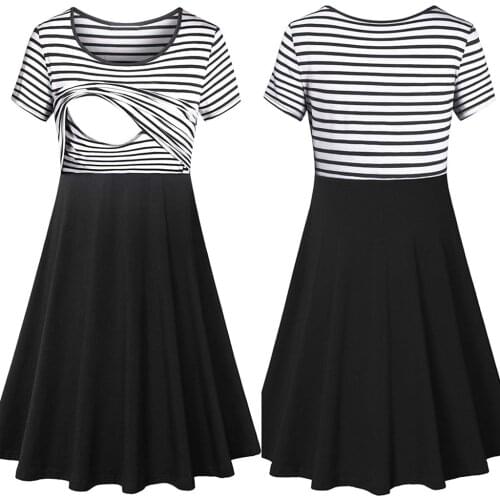 Stitching Pregnancy Ladies Dress Multifunctional Mothers Post-pregnancy Breastfeeding Striped Stitching Short-sleeved Elbise