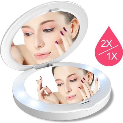 TOUCHBeauty LED Makeup Mirror, 1X 2X Vanity Mirror, 3.5 inch Illuminated Mirror with USB Charger for Handbag Pocket Travel 1275B