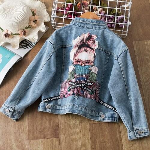 VOGUEON Kids Denim Jackets for Girls Baby print Lace beading Coats Spring Autumn Fashion Child Kid Outwear Ripped Jeans Jackets
