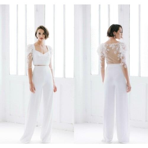 White Wedding Jumpsuit Beach Wedding Dresses V Neck Ankle Length Boho Wedding Gowns Outfit Customize Appliques Robe De Soiree