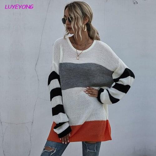 Striped Women Loose Long Sweater Knit Dress Outdoor Sweaters Top Batwing Sleeve Contrast Color Fashion Casual 2020 Winter Lady