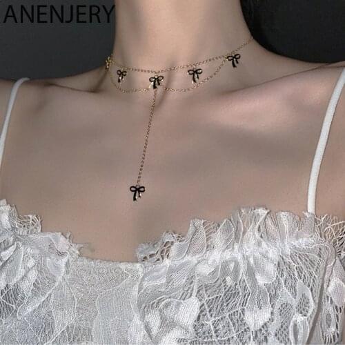 ANENJERY 925 Sterling Silver Bowkont Tassel Necklace for Women Temperament Short Chain Choker Korean Jewelry