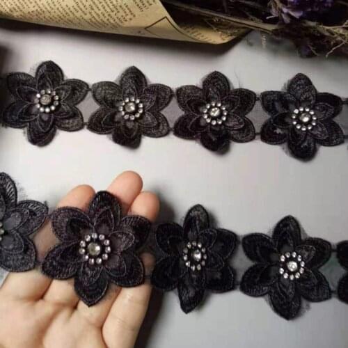 20pcs/lot Black 5.7cm Cotton Pearl Flower Embroidered Lace Trim Ribbon Fabric Handmade DIY Wedding Dress Sewing Supplies Craft