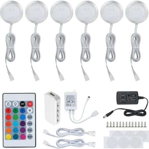 4/6PCS Slim Round RGB LED Under Cabinet Light Kit SMD5050 Puck Lamp Color-changing Dimmable Remote Control for Kitchen Closet