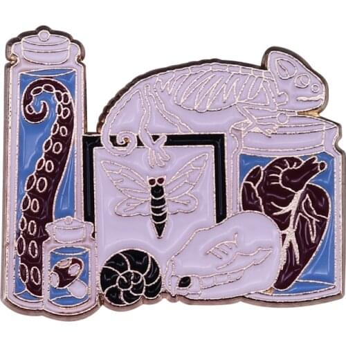 Cabinet of Curiosities Pin 7 Wet Specimens Badge Chameleon Skeleton Hyrax Skull Anatomical Heart Brooch Oddity Art Collection