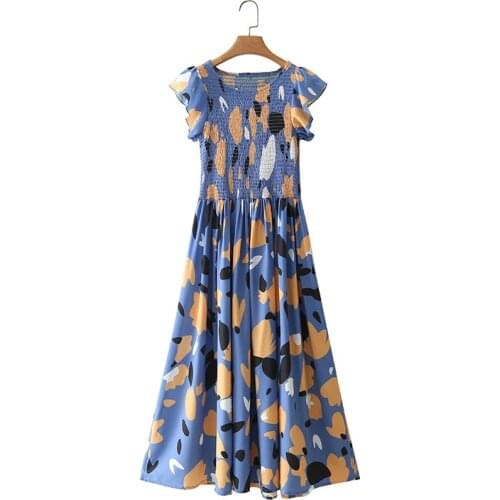 DOUJILI Summer Dress Geometric Pattern Short Ruffles Sleeve Blue Dress Sweet Casual Midi Dress For Women Ladies