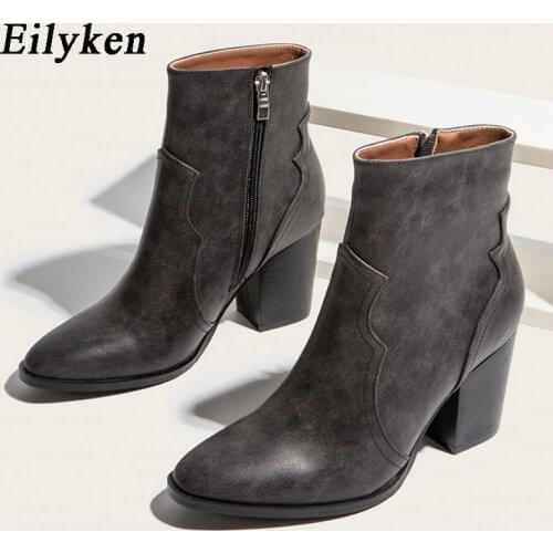 Eilyken 2021 New Western Women Winter Shoes Square Heels Ankle Boots Sexy Pointed Toe Female Fashion Zip Chelsea Bootties