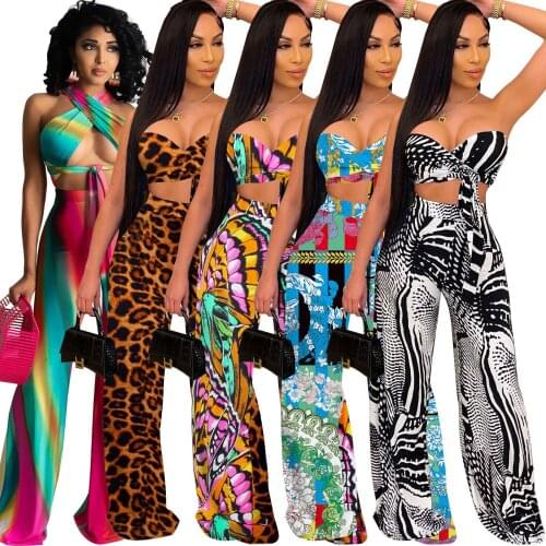 Felyn 2020 Best Quality Famous Brand 2 pcs Women Set Print Halter Strapless Short Tops Long Pants Beach Outfits
