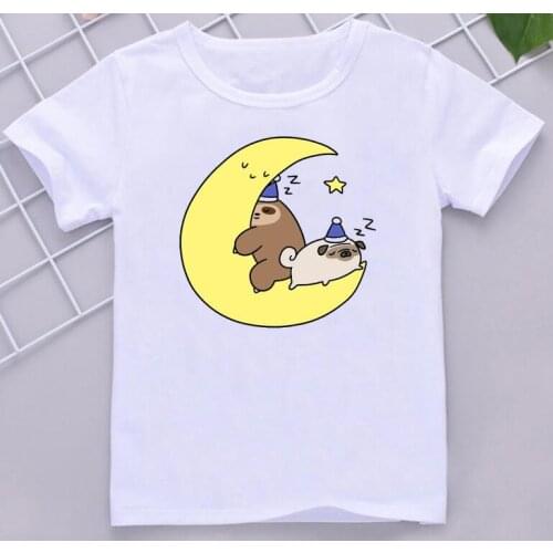 Sloth And Pug Cartoon Print Tshirt For Girls/Boys Kids Clothes Moon Star Birthday Gift T Shirt Kawaii Children Clothing T-Shirt