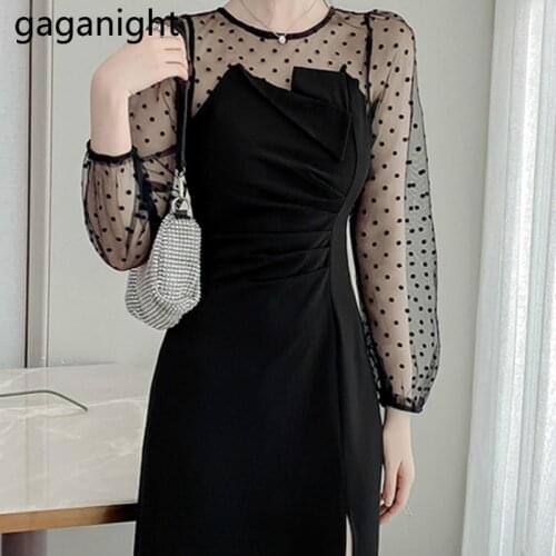 Gaganight Vintage Women Mesh Partchwork Party Maxi Dress Long Sleeve Spring Autumn Fashion Black Dresses Female Korean Vestidos