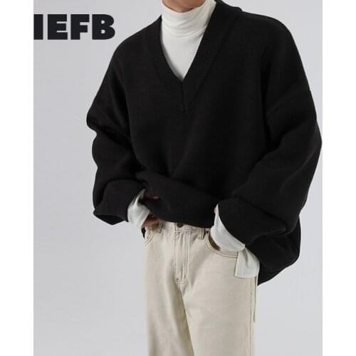 IEFB /mens wear autumn winter V-neck sweater fashionable loose style knitted tops thickened loose vintage clothes male 9Y3277