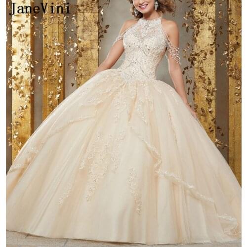 JaneVini New Luxury Ball Gown Quinceanera Dresses 2019 Halter Appliques Beaded Tassel Organza Princess Prom Gowns Sweet 16 Dress