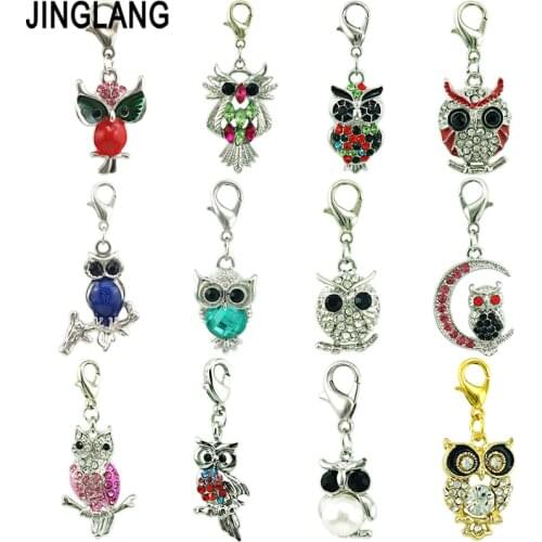 JINGLANG Mixed Style Charms Colorful Drop Oil Zinc Alloy Enamel Owl Pendant For DIY Craft Earring Bracelet Gift 12pcs
