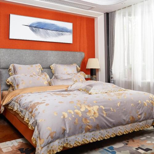Gold ginkgo leaf Bedding Set Egyptian cotton Bedding Lace jacquard Bed Set Queen King size bed linen Embroidery Duvet Cover