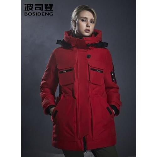Legendary Collection Bosideng medium length down jacket women deep winter fashion hooded goose down coat B90142174