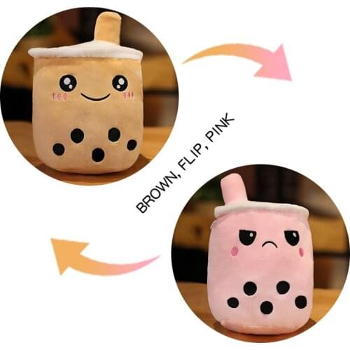 Cute Cuddling Cartoon Reversible Bubble Tea Plush Toys Pillow with Suction Tubes Real-life Stuffed Soft Flip Boba Tea Doll