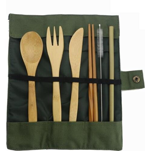 7-Piece Japanese Wooden Cutlery Set Bamboo Straw Dinnerware Set With Cloth Bag Utensil Soup Kitchen Cooking Tools Dropshipping