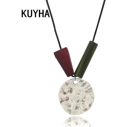 New Design Wood Geometric Necklace Women Men Painted Faceted Wooden Cord Green Brown Pendants Statement Chain Link