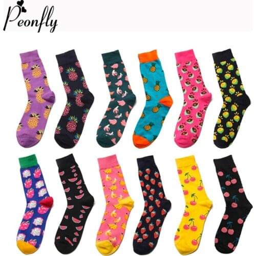 Peonfly Winter Autumn Casual Cotton Men Dress Fashion Colorful Banana Lemon Pineapple Cherry Funny Fruit Happy Long Socks