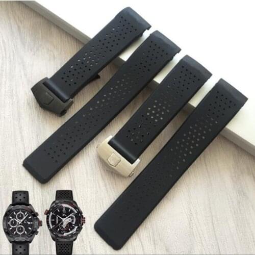 Durable Black Porous Silicone Rubber Watchband 22mm 24mm Folding Buckle Curved End Strap For TAG Grand Carrera Watch with Logo