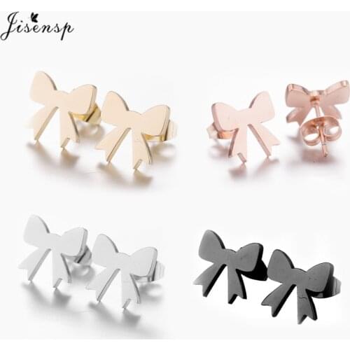 Jisensp Romantic Jewelry Women Bowknot Earrings Female Stainless Steel Bow-knot Stud Earrings for Girls Valentines Accessories