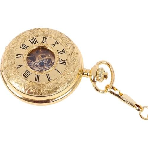 Luxury gold vintage Roman numeral white surface open cover mechanical pocket watch with waist chain