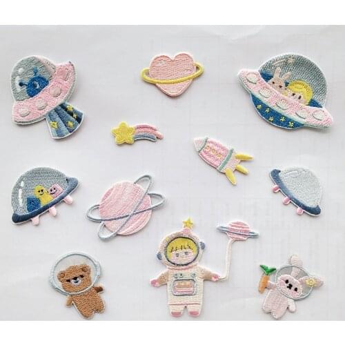 Self-adhesive Cartoon Bear Astronaut Spaceship Embroidered Patches for Clothing Iron on Clothes Applique Phone Case Decoration