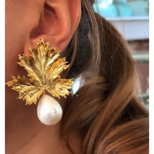 Gold Leaf Pearl Earrings Fashion Jewelry Party Weeding Birthday Gift for Women Dangle Statement Earrings Boucles D Oreille Femme