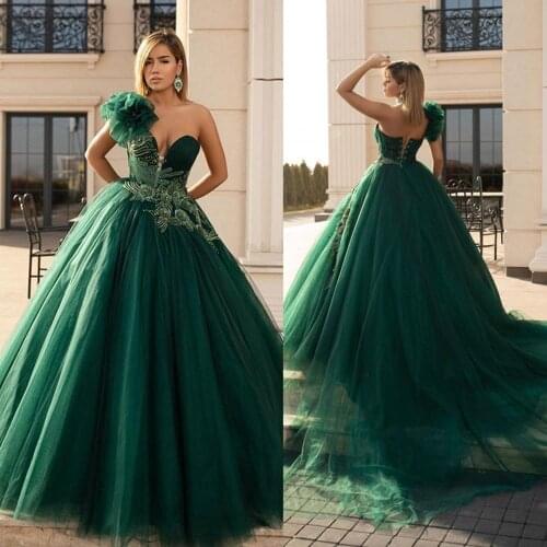 2020 Evening Dresses One Shoulder Lace Appliques Beads Special Occasion Gowns Lace-up Back Sweep Train A Line Prom Dress