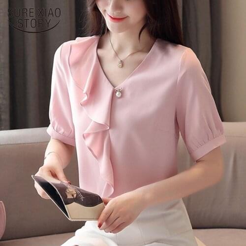 New Solid Color Short Sleeve Chiffon Blouse Women 2021 Summer Korean Style Office Lady Loose Casual Women Top And Blouse 4708 50