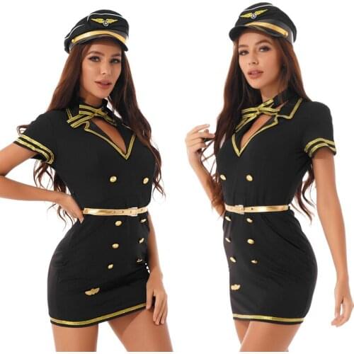 Women Uniform Temptation Policewoman Role Play Sexy Lingerie Cosplay Dress Black Double-Breasted Lapel With Hat Neck Ring Belt