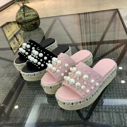 Platform Designer Shoes Chain String Bead Women New Full Rivet Summer Slippers High Heels Chunky Outdoor Fashion Calzado Mujer