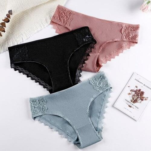 Womens Threaded Cotton Panties Sexy Lace Female Underpants Breathable Seamless Lady Underwear Middle Waist Cozy Intimates Panty
