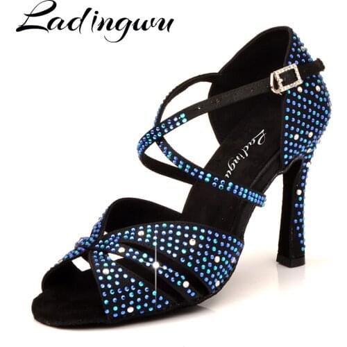 Ladingwu Women Party Dance Shoes Satin Shining rhinestones Soft Bottom Latin Dance Shoes Blue Salsa Dance Shoes Cuba heel 10cm