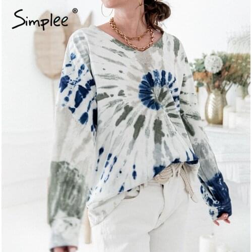 Simplee chic V-neck ladies sweatshirt Colorful printed knitted women streetwear Basic long sleeve autumn 2020 women pullover