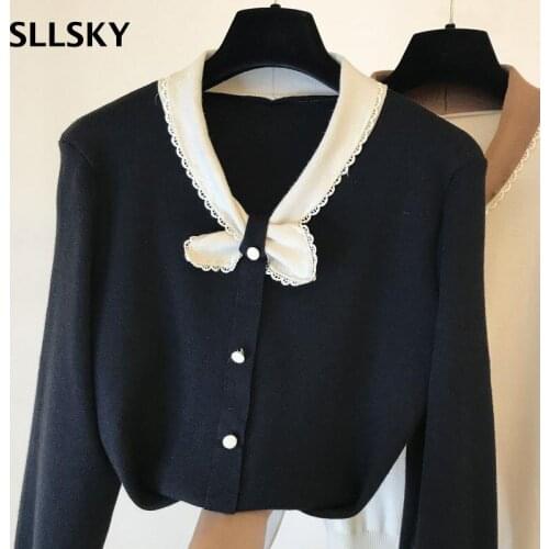 SLLSKY Patchwork Knitted Women Sweater 2021 Autumn Long Sleeve Turn-down Female Pullovers Button Bow Decoration Ladies Sweater