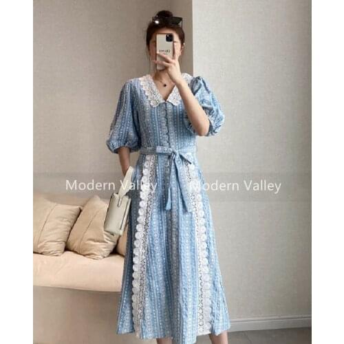French Style Peter pan Collar Puff Sleeve Dress Female 2021 New Splicing Lace Embroidery Lace up Elegant Midi Dress for Women