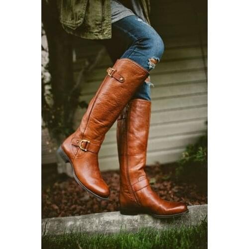 Winter Boots Women Square Low Heel Riding Motorcycle Heel Knee High Boots Punk Gothic Handsome Platform Ankle Buckle Strap Shoes